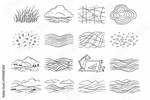 Pen line outline penwork silent warm vector map ambient landscape icons icon