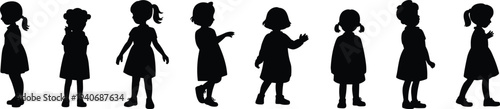Little girls silhouettes collection, cute kid poses set, black isolated children icons, editable shapes, flat vector illustration bundle