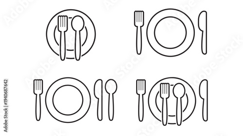 Plates with forks, spoons, and knives in various arrangements as simple line art icons for dining and restaurant concepts.