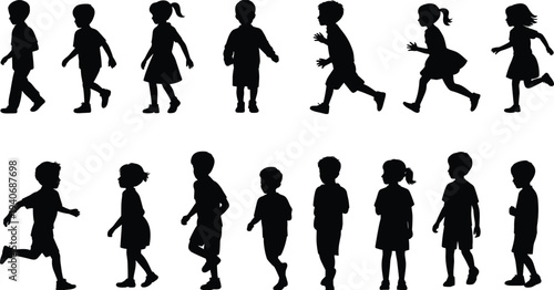 Children silhouettes collection, boys girls walking running poses set, black isolated kid icons, editable shapes, flat vector illustration