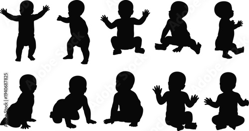 baby, silhouettes, crawling, sitting, standing, collection, vector, illustration, child, toddler, cute, icons, isolated, white, background, design, set, kids, growth, clipart