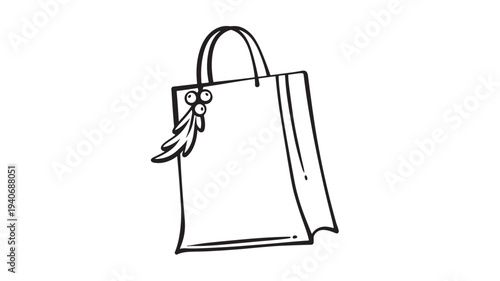 Shopping bag with mistletoe decoration, hand-drawn icon, perfect for festive holiday promotions and gift-giving themes, celebrating Christmas spirit.