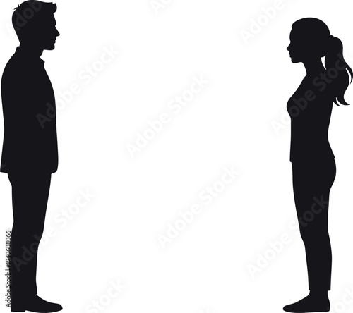 Black silhouette of a man and woman standing and facing each other in profile isolated on white background for relationship communication and business concepts
