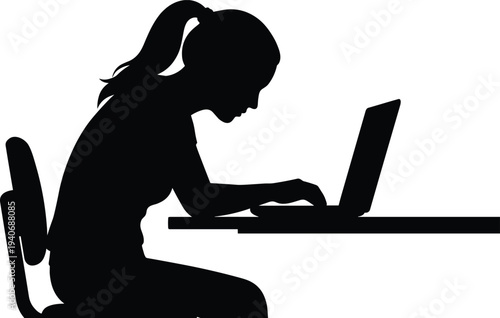 Black silhouette of a young woman sitting at a desk and working on a laptop computer isolated on white background for freelance and remote work