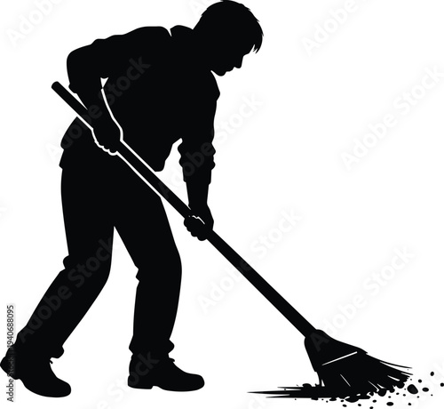 Black silhouette of a man sweeping floor with a long broom cleaning dirt and dust isolated on white background for housework and janitor services