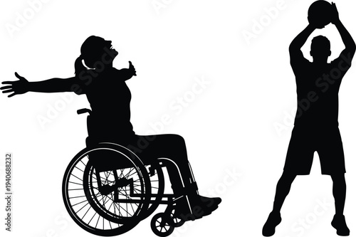 Black silhouettes of a happy woman in a wheelchair with arms outstretched and a male basketball player holding a ball isolated on white background