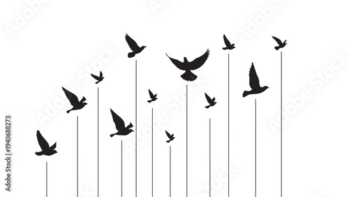 Birds silhouettes flying with thin lines against a white background, representing freedom and migration.