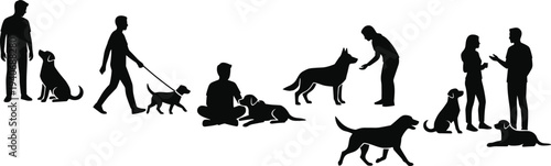 Black silhouettes of people with dogs set featuring men and women walking playing training and sitting with canine pets isolated on white background for lifestyle