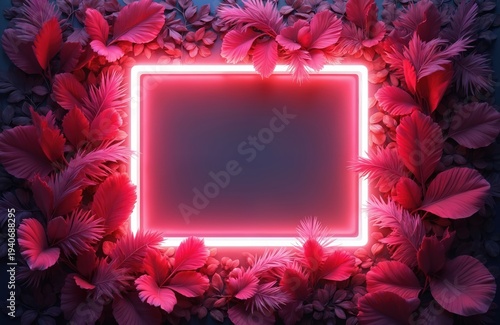 Neon rectangle glows amid rich tropical leaves. Vibrant pink and red foliage surrounds empty frame. Ideal for beauty, fashion, or event announcements.