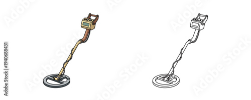 Handheld metal detector device in flat cartoon and line art styles isolated on a white background
