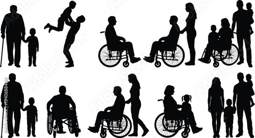Black silhouettes set of diverse families including elderly people with children and disabled men and women in wheelchairs isolated on white background for social inclusion