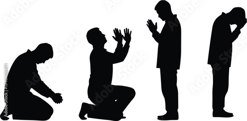 Black silhouettes set of a man in various stages of prayer including kneeling bowing and standing with hands raised isolated on white background for faith
