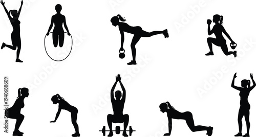 Women fitness silhouettes collection, female workout exercise poses set, black isolated gym icons, editable shapes, flat vector illustration
