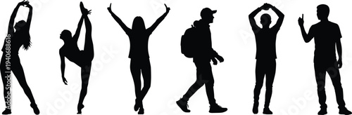 Black silhouettes set of diverse people in active poses including a gymnast dancer hiker traveler and cheering individuals isolated on white background for lifestyle concepts