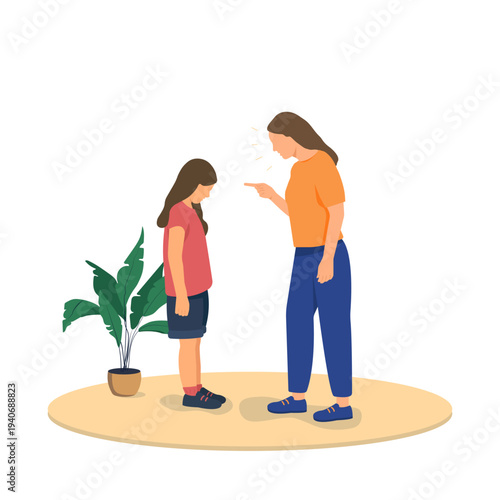 A vector illustration of a mother yelling at her daughter. The daughter is frightened.