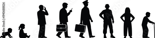 Black silhouettes set of human life cycle stages from crawling baby and sitting child to working adults and elderly man with cane on white background