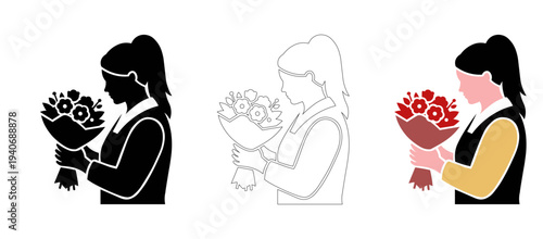 Vector woman holding bouquet flowers icons set black filled white outline colorful girl gift romance love present simple illustration collection