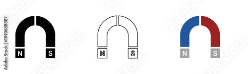 Vector horseshoe magnet icons set black filled white outline blue red N S poles attraction physics science force simple illustration collection