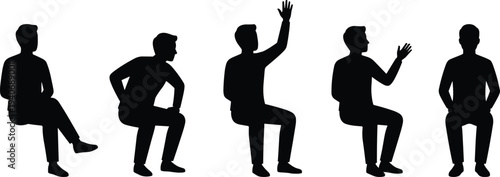 Black sitting male silhouettes set featuring various men in seated poses waving raised arms and resting isolated on white background for casual lifestyle design
