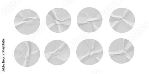 Set of blank white crumpled round paper stickers wrinkled circle labels mockup vector illustration