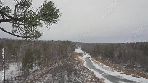 View of the frozen river in the forest from the observation deck