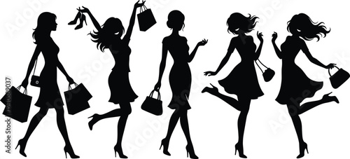 Elegant shopping women silhouettes set featuring fashionable girls with shopping bags and handbags isolated on white background for retail fashion and lifestyle commercial designs