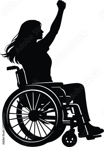 Empowered woman in wheelchair silhouette with raised fist celebrating success strength and freedom isolated on white background for disability rights and inclusivity design projects