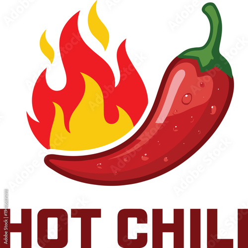 Hot chili pepper logo with red spicy jalapeno and flame fire icon isolated on white background for restaurant menu spicy food and kitchen design