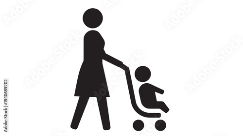 Person pushing a baby in a stroller with black silhouette on a white background, symbolizing family, care, and travel.