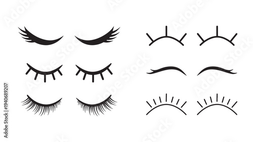 Eyelashes stylized icon set with closed eyes and varied lash styles, simple black line art for beauty and cosmetic themes
