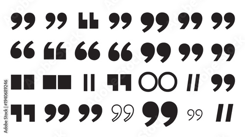 Quotation mark symbols collection with various styles and shapes in black on white background for design.