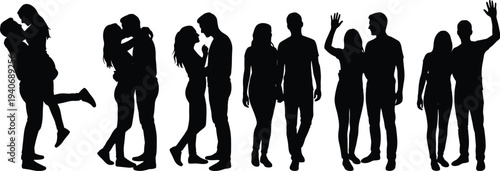 Romantic couple silhouettes set featuring man and woman kissing hugging walking holding hands and waving isolated on white background for wedding and love designs