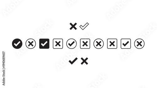 Checkmark and cross icons in circle and square shapes for affirmation or negation options featuring x, tick, accept with reject and yes elements for