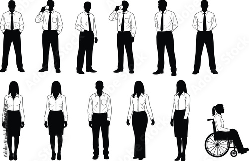 Set of black business person silhouettes in various poses including standing, drinking coffee, and using a wheelchair, isolated on white