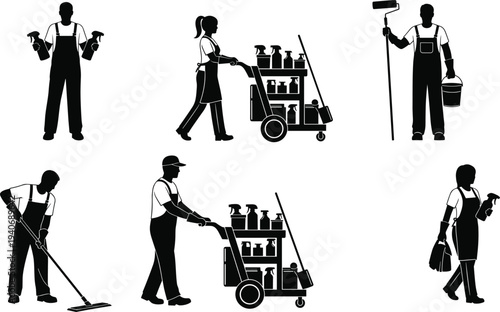 Set of black cleaning service silhouettes featuring janitors with mops, spray bottles, buckets, and supply carts, isolated on white background