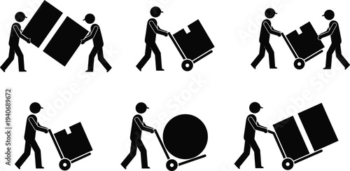 Set of black delivery worker silhouettes moving heavy boxes with hand trucks and dollies, isolated on white background, for logistics