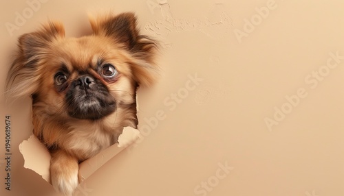 Curious dog peeking through a torn wall revealing its playful personality and fluffy coat