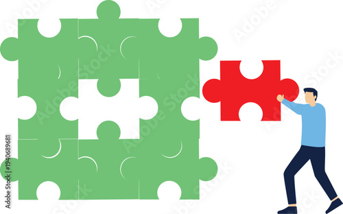 businessman encounters a problem that is bigger than expected. man solving jigsaw puzzle vector

