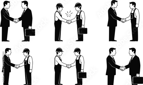 Set of black mountaineer silhouettes on mountain peaks celebrating success and hiking with backpacks and trekking poles on white background