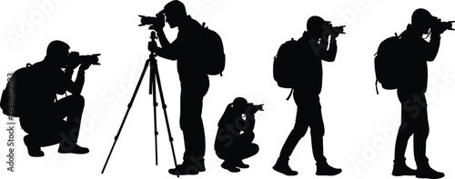 Set of black photographer silhouettes with cameras and tripods, featuring backpackers taking photos in various poses, isolated on white background