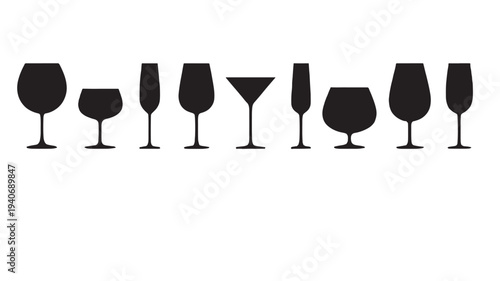 Glasses collection featuring diverse shapes like wine, champagne, martini, and brandy glasses in a solid black silhouette design.