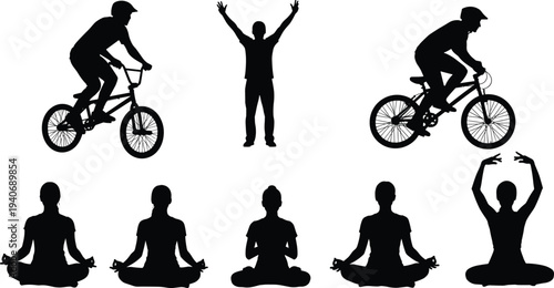 Set of black silhouettes featuring people riding bicycles, a man celebrating with arms raised, and women practicing yoga and meditation