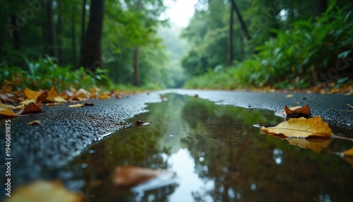Wet jungle path with puddle reflecting trees and sky. Fallen leaves float on water surface. Overcast day creates moody atmosphere in forest.