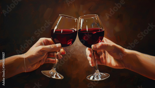 Two hands raise glasses of red wine in a toast symbolizing celebration and connection