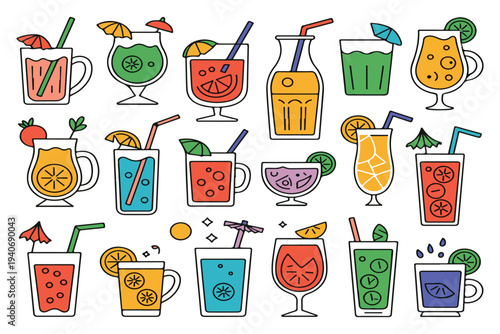 Colorful summer cocktails collection with umbrella and fruit garnish line art icons set isolated on transparent background fresh tropical drinks party beverage menu graphic design elements