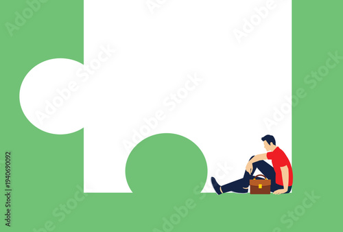 Lonely, without a partner or team, the businessman sits in silence on the lost part of the puzzle stock illustration

