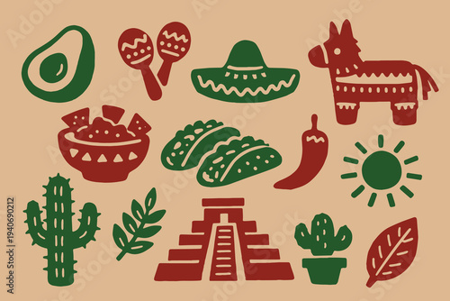 Mexican symbols set minimal folk vector illustration