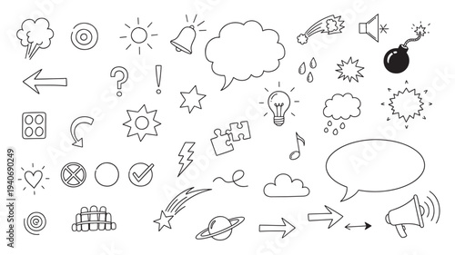 Doodle icons set with speech bubbles, weather symbols, stars, arrows, and lightbulbs for graphic design