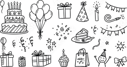 Collection of hand drawn birthday party elements like cake balloons and gifts on transparent background