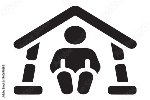 Minimalist home protection icon with person sitting inside house frame, representing concepts of safety, security, and shelter in simple black vector